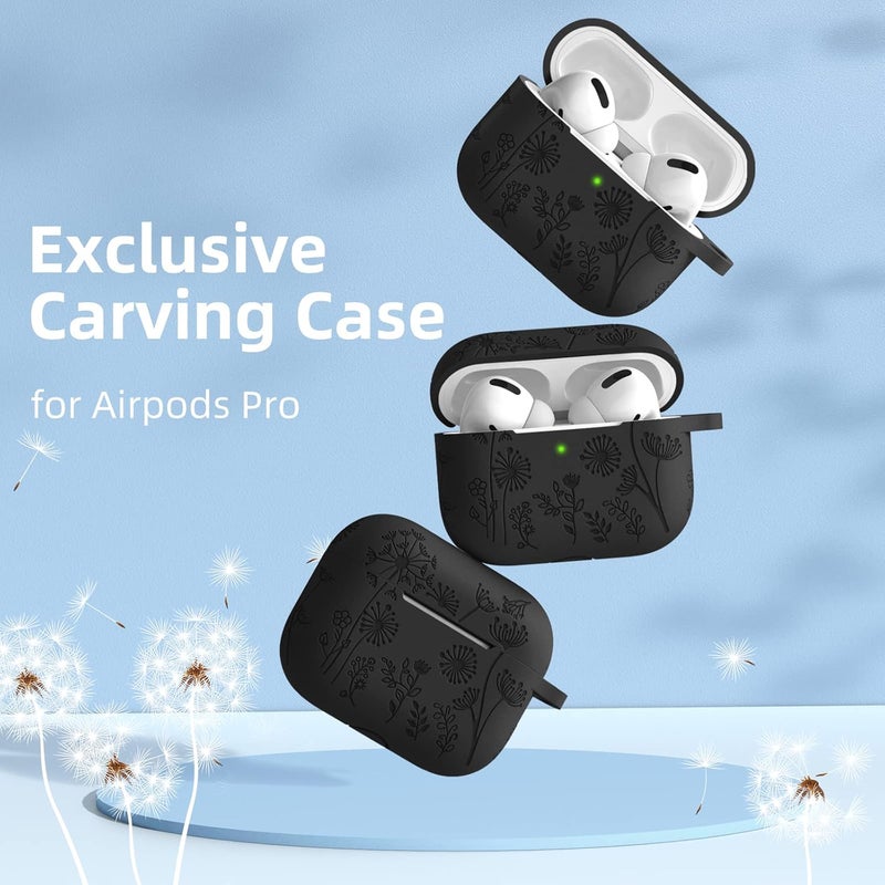 Lerobo Flower Engraved Case Compatible with Apple AirPods Pro 2 Case Cover Full Protective Cover for AirPods Pro Case 2nd 1st Generation 2022/2023 USB C Cute Soft Silicone Skin Front LED Visible Black - Image 2